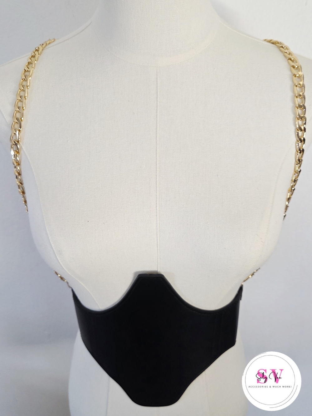 Stretchy Black faux leather corset with gold chain straps